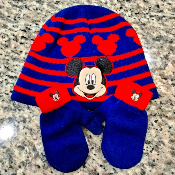 Disney Other - DISNEY Mickey Mouse beanie hat and mitten glove set blue red 2T-5T